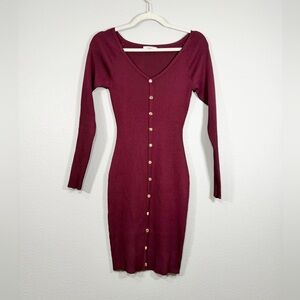 Ever B Dress Long Sleeve Burgundy Ribbed Button Christmas Holiday Women Small